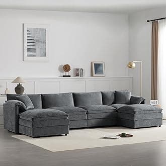 136" U-Shaped Sectional Sofa with Deep Seat, Chenille Convertible Sofa Bed Set with Double Cushions, 6-Seater Cloud Couch Modular Furniture with Movable Ottomans for Living Room, Bedroom, Dark Gray
