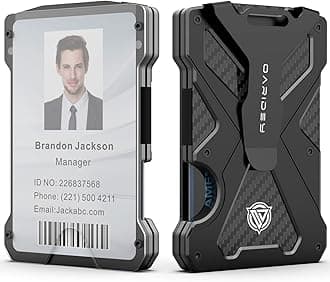 Minimalist Wallet for Men- Slim Aluminum Metal Money Clip Wallet with Clear ID Card Holder, Carbon Fiber Wallet, RFID Blocking,Holds up 15 Cards with Cash Clip,Ultra-Thin Tactical Wallet-Black