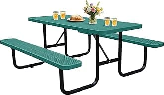 6FT Outdoor Picnic Tables,Heavy-Duty Metal Rectangular Picnic Table,Expanded Metal Commercial-Grade Table with 2 Benches & Umbrella Hole,Waterproof Coating Beach Table for Patio,Garden, Backyard