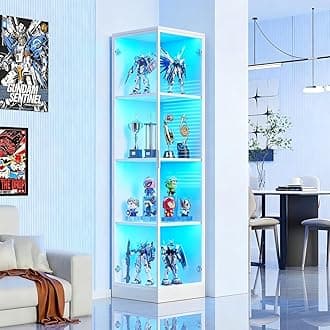 BROTTAR Corner Display Cabinet with Doors, 4-Tier Curio Cabinet for Collectibles, Display Case with 3 Color Light, Storage Cabinets with Door, Bookcase with Human Body Sensor, White(15.7" W)