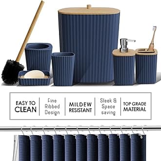 Clara Clark Bathroom Accessories Set - Navy Bathroom Set, Bathroom Sets with Shower Curtain and Rugs, 22PC Shower Curtain Set with Bathroom Trash Can