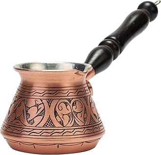 DEMMEX Thickest Copper Turkish Greek Arabic Coffee Pot, Stovetop Coffee Maker, Cezve Ibrik Briki with Wooden Handle & Spoon, Hand Engraved (Matte Copper, 9 Ounces)