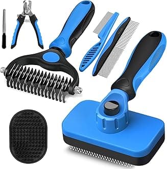 7 in 1 Pet Grooming Kit - Dog&Cat Comb, Deshedding Brush, Nail Clipper with File, Bath Brush - Premium Pet Supplies (Blue)