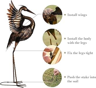 TERESA'S COLLECTIONS Yard Decorations Outdoor Garden Statues, Brass Metal Crane Yard Art, 25-26" Lawn Ornaments for Backyard,Outside Porch,Patio,Heron Decoy Bird Garden Decor,Set of 2,Gifts for Mom