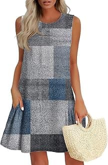 Mini Dresses for Women,Todays Daily Deals Casual Floral Round Neck Ruffle Tank Dress Summer Boho Sundresses with Pocket A-Line Sleeveless Hawaiian Dress Beach Vacation Clothes Royal Blue L