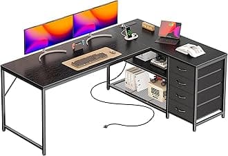 61" L Shaped Desk with Power Outlets and USB-C Port, Reversible Computer Corner Office Desk with 4 Fabric Drawers and 2 Height-Adjustable Shelves, Large for Gaming Writing Work Study，Black