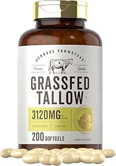Carlyle Grass Fed Beef Tallow 3120mg | 200 Softgel Capsules | Pasture Raised Bovine Supplement | Non-GMO, Gluten Free | by Herbage Farmstead