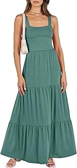 Women's Summer Casual Long Maxi Beach Vacation Dresses Sleeveless Square Neck Flowy Tiered Sun Dress with Pockets