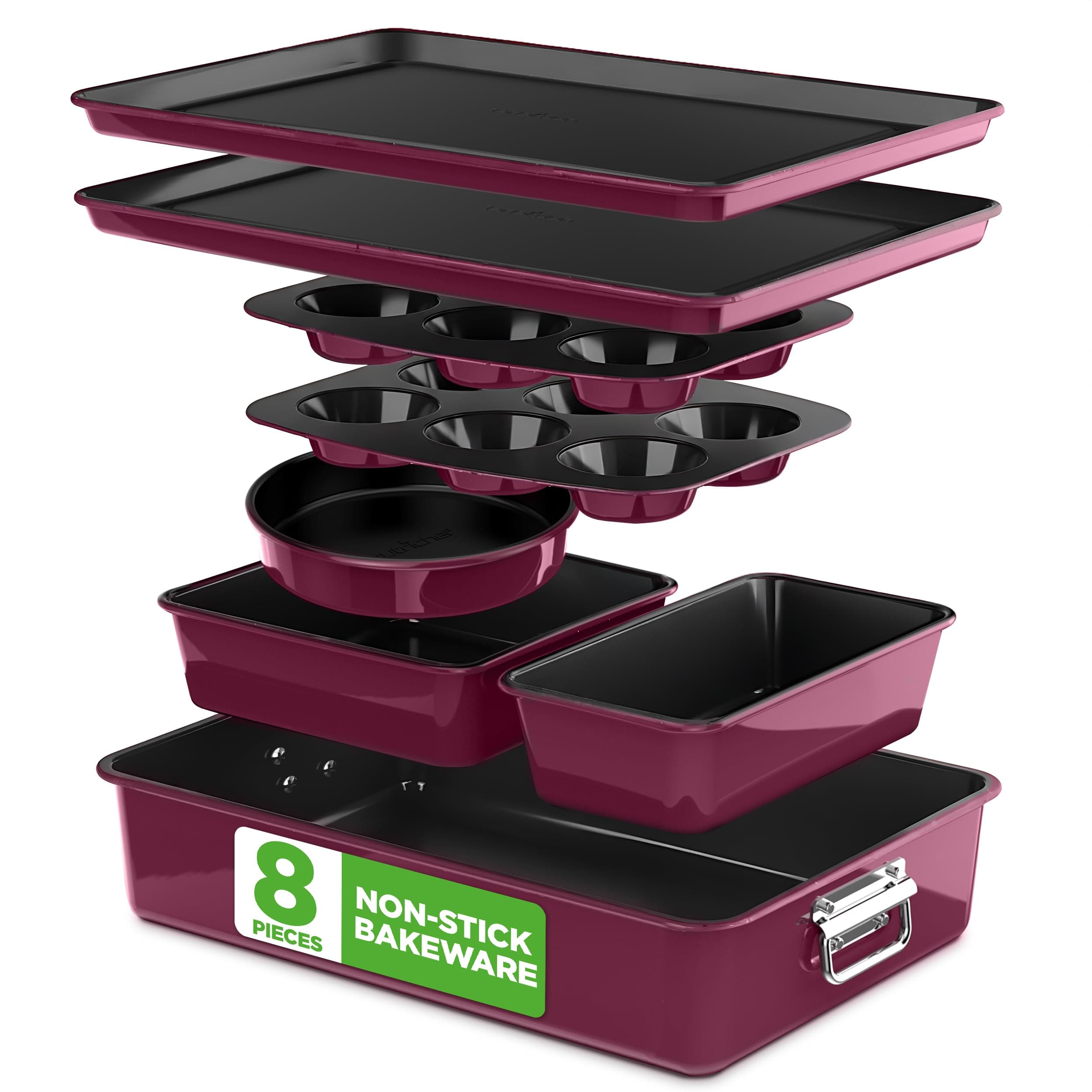 8-Piece Nonstick Stackable Bakeware Set - PFOA, PFOS, PTFE Free Baking Pan Set w/Non-Stick Coating, 450°F Oven Safe, Round Cake, Loaf, Muffin, Wide/Square Pans, Cookie Sheet (Plum)