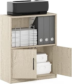 GRUEN Book Shelf, 2-Tier Small Bookshelf, Bookcase with Open Shelf and Doors Storage Cabinet, 9.3 x 21.8 x 27, for Organization, for Living Room, Bedroom, Home Office, Metropolitan Pine