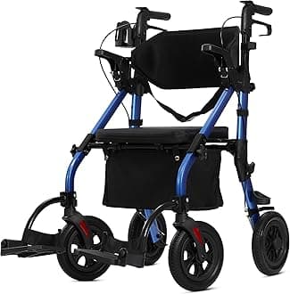 All Terrain Rollator Walker Transport Wheelchair Combo, 2 in 1 Rolling Walker with Padded Seat and Wide Backrest, Blue