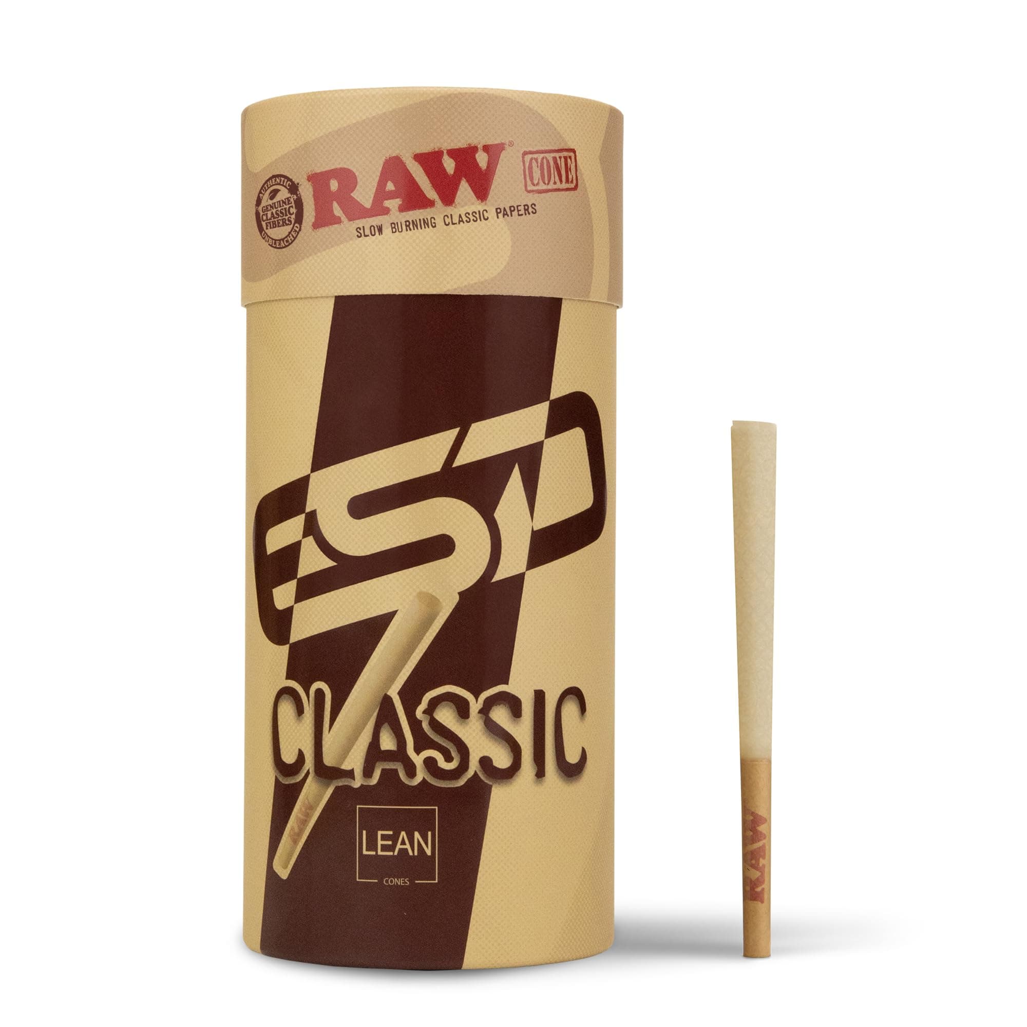 RAW Cones Classic Lean Size - 100 Pack - Slow Burning Pre Rolled Cones with Tips & Packing Tubes Included