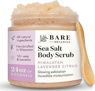 - Bare Botanics Body Scrub 24 oz - Naturally Scented Salt Scrub Made in Madison WI - Formulated w/Skin Loving Moisturizers - Cruelty Free Exfoliator w/a Cute Wooden Spoon - Himalayan Lavender Citrus