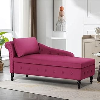 Velvet Chaise Lounge with Left Armrest & Storage Space,Button Tufted Lounge Chair w/Lumbar Pillow,Modern Upholstered Lounge Chair for Bedroom, Living Room and Office, Fuchsia