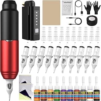 Tattoo Kit - Tattoo Gun with Cartridges, Needles, and Ink for Beginners and Artists - Red, Water Resistant