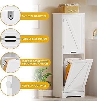 DWVO Tilt Out Laundry Hamper - 53" Tall Bathroom Storage Cabinet Laundry Cabinet with Adjustable Shelves and Clothes Basket, Hamper Cabinet Shelf for Laundry Room Bathroom Organizer, White