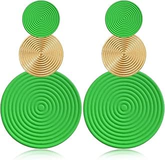 Handmade Long Round Alloy Dangle Drop Earrings - Statement 60s 70s 80s Vintage Gold Disk Round Disc Earrings - Boho Lightweight Summer Beach Jewelry Earring for Women