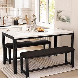 Dining Room Table Set with 2 Benches, Dining Table Set for 4-6, Dinner Table Set for 4, Faux Marble Breakfast Table Set & PU Leather Upholstered Benches for Small Spaces, Apartment, White
