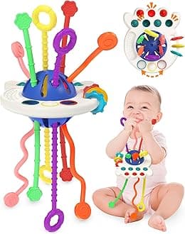 Yetonamr Baby Sensory Montessori Toys for 6-12-18 Months, Blue Pull String Teething Toy, Stocking Stuffers Birthday Gift Travel Toy for 1 2 Year Old Boy Girl Infant Toddlers 8 9 10 Months Old