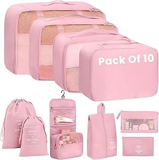 - Oceanevo Set of 10 Pieces Packing Cubes Organiser for Travel, Travel Organizer Bags for Luggage, Suitcase Includes 2 Drawstring Bags, Shoe Bag and Toiletry Bag with Hook - Set of 10 - Pink