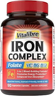 Iron Supplement for Women & Men, with Vitamins C, B6, B12 & Folate for Iron Deficiency, Blood Building & Energy Support, Stomach Friendly, Better Absorption, Non-GMO, No Gluten, 90 Vegan Caps