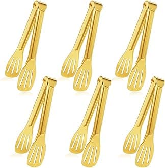 JCREN Serving Tongs - 6 Pack Stainless Steel Buffet Tongs, Gold, 7 Inch