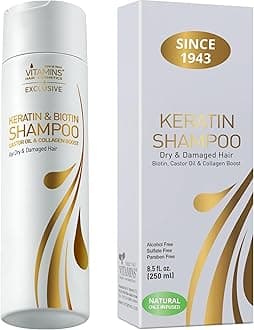 Keratin Shampoo for Dry Hair - Paraben & Sulfate Free Shampoo for Damaged Hair with Biotin & Collagen - Castor Oil & Protein Repair Treatment - 250 Ml