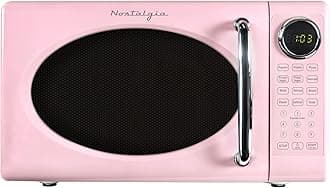 Retro Microwave Oven 0.7 Cu Ft, 700-Watt Countertop Size with Glass Turntable, Child Safety Lock, 8 Auto-Cook Programs, Digital Clock, Pink
