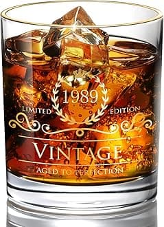 Lovinpro 1989 36th Birthday Gifts for Men/Dad/Son, Vintage Unfading 24K Gold Hand Crafted Old Fashioned Whiskey Glasses, Perfect for Gift and Home Use - 10 oz Bourbon Scotch, Party Decorations
