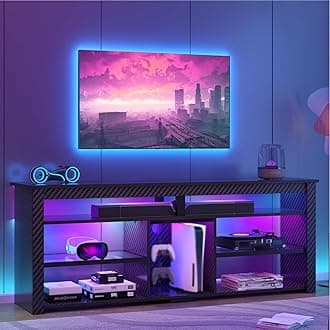 Bestier TV Stand for 65/70 inch TV, Tall Entertainment Center with 2 Led Lights, Gaming TV Console with Storage for PS5, Modern TV Cabinet for Bedroom, Living Room, Black Carbon Fiber