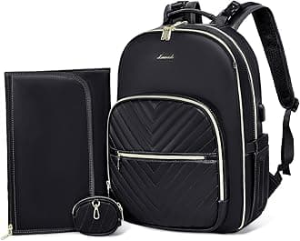 LOVEVOOKLeather Diaper Bag Backpack, Quilted Baby Bag with Changing Pad & Pacifier Holder, Waterproof Travel Diaper Bags with USB Charging Port for Baby, Stylish and Large Capacity, Black, Black-pu