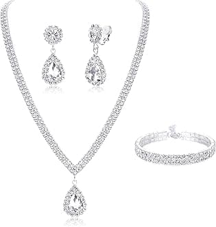 FIBO STEEL Clip on Wedding Jewelry for Bride Bridesmaid Clip Teardrop Pendant Earrings Crystal Rhinestone Tennis Necklace Bracelets Jewelry Set for Women Party Wedding Prom, Metal, Cubic Zirconia