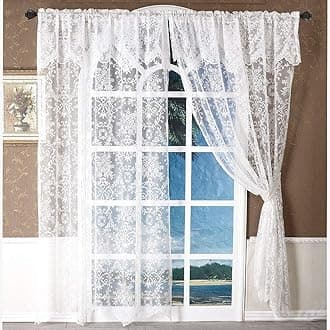 WUBODTI 84 Inch White Lace Curtains with Valances Attached 2 Panels, Floral Embroidered Semi Sheer Window Curtain Lace Tulle Rod Pocket Window Drapes with Valance for Living Room Bedroom Balcony