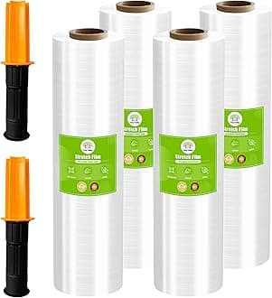 Cosy Family Plastic Wrap Stretch Film Roll - 1000ft 60 Gauge Industrial Strength 15 inch Wide Clear Plastic Wrap Roll with Handles for Pallet Wrapping Shipping Moving - Clear, Pack of 4