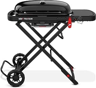 Traveler Portable Gas Grill – Stealth Edition | Foldable Compact BBQ Grill with Large Cooking Area, One-Hand Setup, Heavy-Duty Wheels | Ideal for Camping, Road Trips, Tailgating, Outdoor Cooking