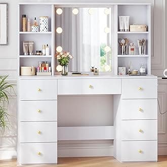 LINSY HOME Vanity with Storage, White Makeup Vanity with Mirror and Lights, 47" Make Up Vanity Desk with Drawers, Shelves & Charging Station, Modern Large Vanity Table for Bedroom, Women, Girls