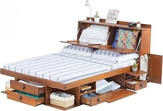 Memomad Set Bali Caramel: Storage Bed Continental Double (140x200 cm) + Headboard 150 + Slatted Frame. Sturdy double bed frame and headboard with drawers, ideal for small bedrooms - Solid pine wood