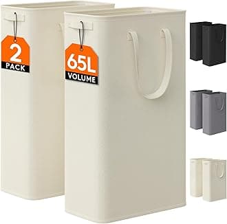 2 Pack Slim Laundry Hamper, Collapsible Narrow Laundry Basket, Small Tall Dirty Clothes Hampers with Handles for Bathroom Bedroom College Dorm, White, 65L