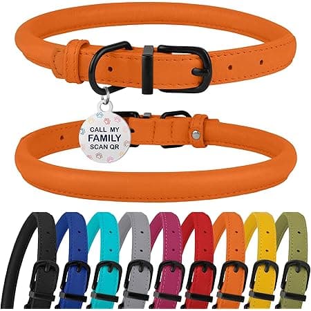 Rolled Leather Dog Collar Soft Round Collars, ID Tag for Small Medium Large Dogs (7'' - 9'' Neck Fit, Orange & Black Buckle)