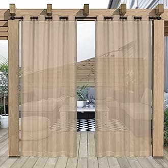 Outdoor Curtain for Patio, Khaki Linen Look Semi-Sheer Curtains Waterproof Light Filtering Voile Outside Grommet Drapes for Pergola Balcony Pool Indoor 1 Panel, W120 x L96