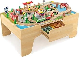 Train Table, 3-in-1 Wooden Train Set Table w/Reversible 84 PCS Track Train Toys, Table Map & Storage Drawer for Building, Playing, Studying, Kids Activity Table for Toddlers Aged 18 M+