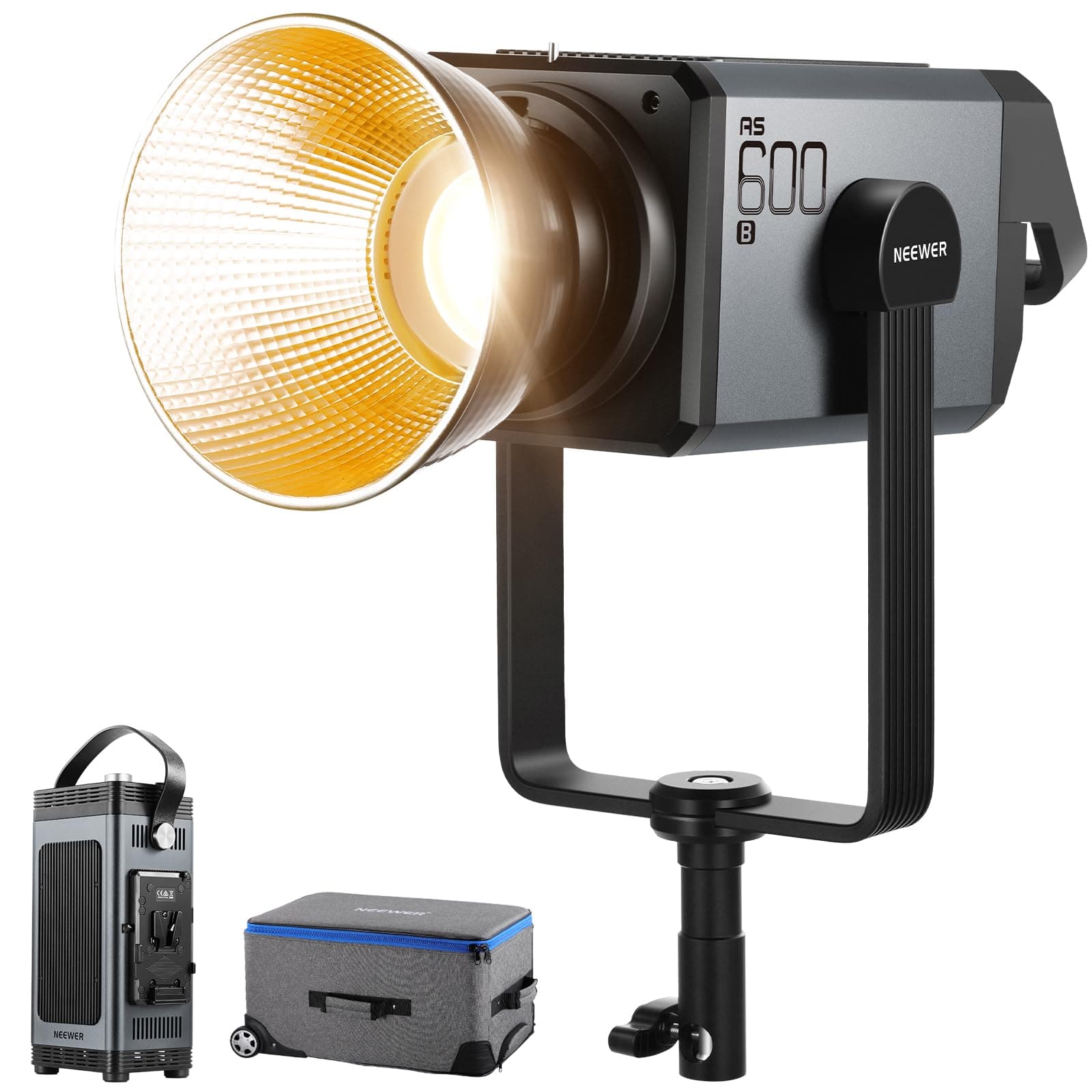 AS600B COB LED Continuous Output Video Light with 2.4G/APP Control, 600W Output 2700K-6500K CRI96+/TLCI98+ PWM Dimming Source Match 12 Scenes Bowens Mount Silent Fan for TV News Studio