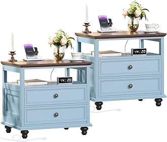 Farmhouse Nightstand Set of 2 with Charging Station, 24" Wide End Table with 2 Drawers, Dresser Cabinet for Bedroom,Bed Side Table Chest of Drawers,Light Blue Night Stand for Living Room