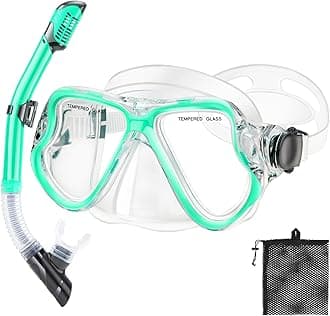 PIYAZI Snorkeling Gear for Adults Kids, Dry Snorkeling Set, Panoramic Anti-Leak and Anti-Fog Tempered Glass Lens, Adjustable Strap Snorkel Set with Mesh Bag Ear Plug for Snorkeling Scuba Diving Travel