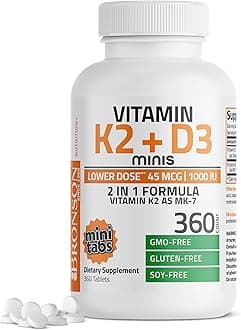 - Bronson Vitamin K2 (MK7) with D3 Lower Dose 45mcg Vitamin K2 & 1000 IU Vitamin D3 Easy to Swallow Daily Maintenance 2 in 1 Formula Non-GMO, 360 Mini Tablets