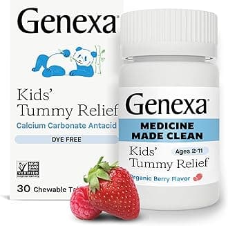 Genexa Kids' Clean Tummy Relief | Heartburn, Acid Indigestion & Sour Stomach Relief | Children's Calcium Carbonate | Dye Free, 0% Artificial Additives | Ages 2-11, Berry Flavor Chewable Tablets, 30ct