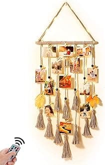 Homecor Hanging Photo Display Wall Decor, Gray Macrame Wall Hanging Boho Room Decor, Picture Frame Collage Board with Remote Light 30 Clips, Bedroom Home Decor, Christmas Mom Grandma Teen Girl Gifts