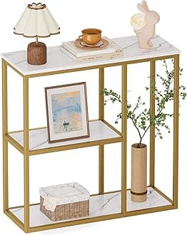 WOHOMO Console Table, Small Entryway Table with Storage Shelves 12'' Narrow Sofa Table Modern Hallway Table for Living Room 31.5" x12''x31.5'' White and Gold