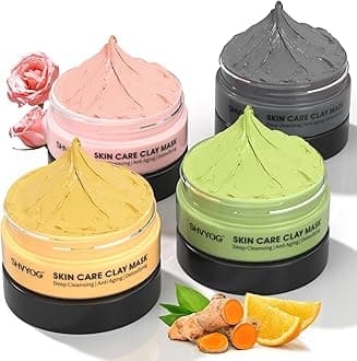 SHVYOG 4 Pcs Clay Facial Mask Set - Turmeric, Vitamin C, Green Tea, Dead Sea Mud, and Rose Clay for Deep Cleansing, Moisturizing, and Refining Pores - 240g