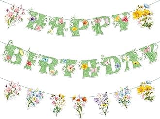 3 Pcs Wildflower Birthday Party Decorations Green Glitter Happy Birthday Banner Colorful Hanging Decor Funny Banner Cutout Garland for Themed Decoration Bridal Shower Garden Party Supplies